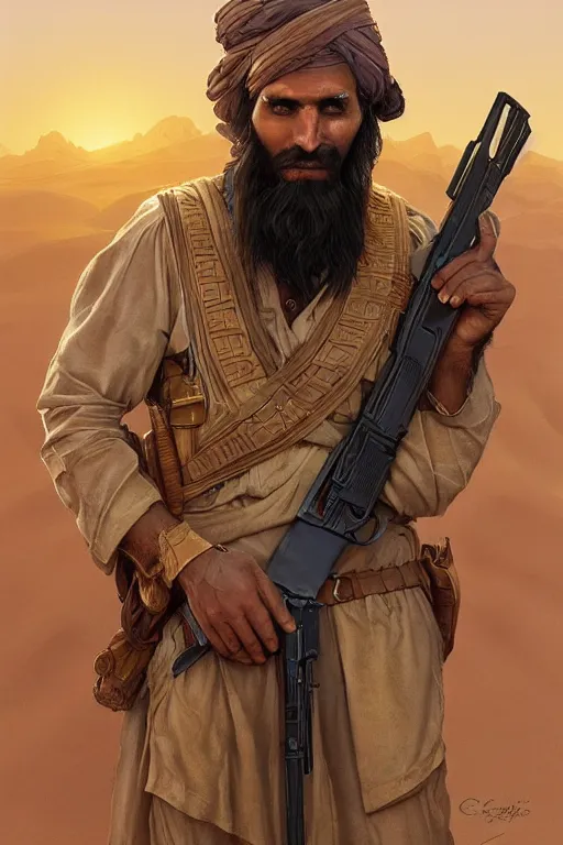 Prompt: male cottagecore taliban leader holding a kalashnikov rifle, vibrant magical desert background, golden hour, intricate, elegant. highly detailed, digital painting, artstation, concept art, smooth, sharp, focus, illustration.. art by artgerm and greg rutkowski and alphonse mucha