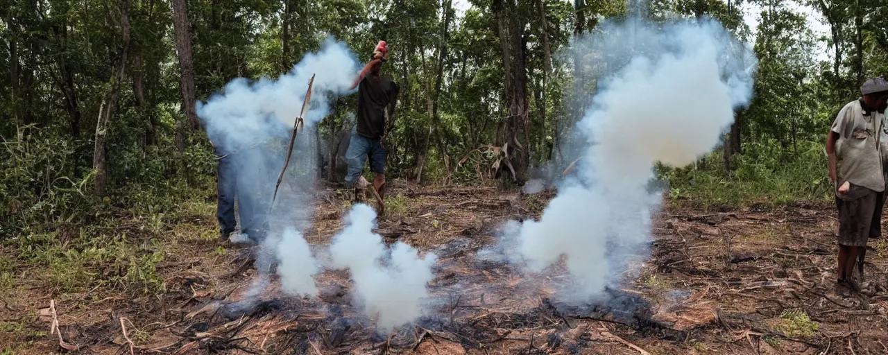 Prompt: genocide of mosquitoes by a man with firetorch, threatening, doom, apocalytic, sinister