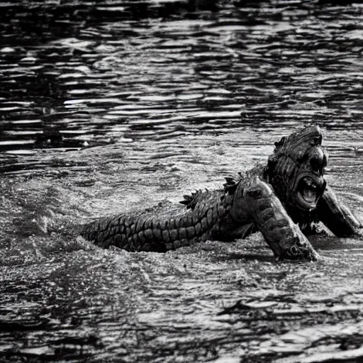 Prompt: human crocodile werecreature, photograph captured at woodland creek