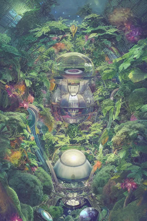 Image similar to aerial view of a multi level spaceship botanical garden in space, by artgerm, tom bagshaw, gerald brom, vaporwave colors, lo - fi colors, vaporwave, lo - fi, moody vibe, goth vibe, full body, rendered by substance designer, cel shading, toon shading, smooth,