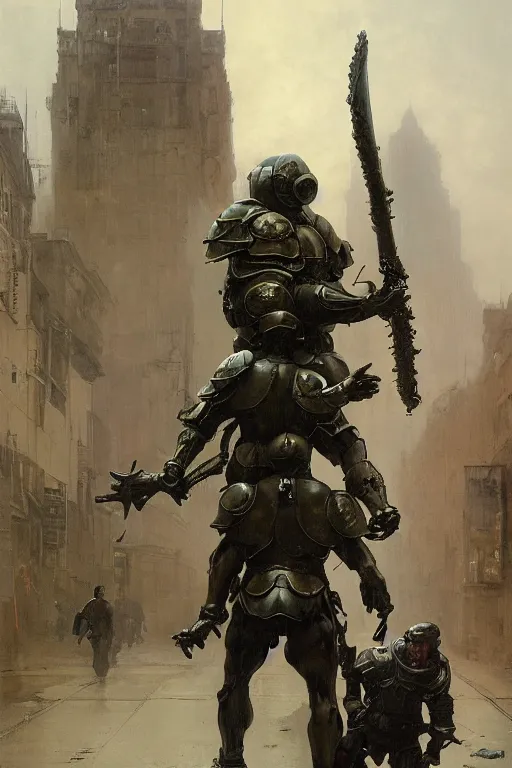 Image similar to a soldier on city street accompanies martyn ford as a huge bipedal dhell emon with bulbous torso wearing armour, painted by ruan jia, raymond swanland, lawrence alma tadema, zdzislaw beksinski, norman rockwell, jack kirby, tom lovell, alex malveda, greg staples