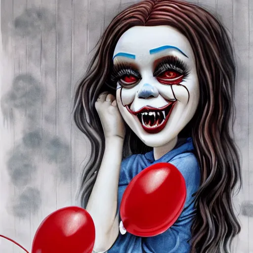 Image similar to grunge cartoon painting of kylie jenner with a wide smile and a red balloon by chris leib, loony toons style, pennywise style, corpse bride style, horror theme, detailed, elegant, intricate