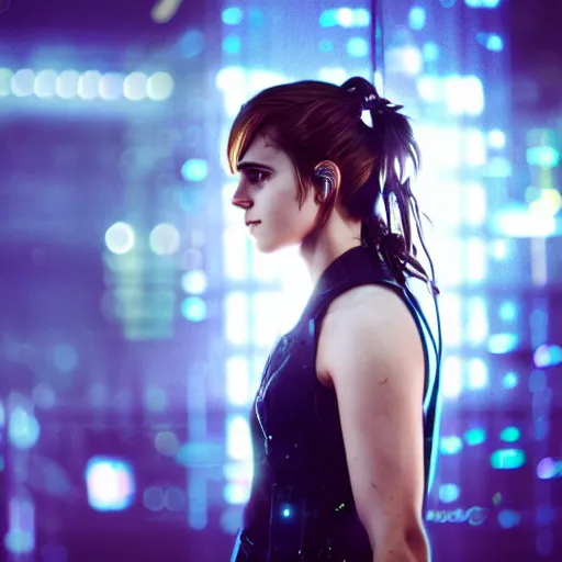 Prompt: photo of emma watson as a cyborg in a cyberpunk city, neon lights, bloom, bokeh, depth of field, robotic limbs, mid full shot, 8k, highly detailed skin, highly detailed face