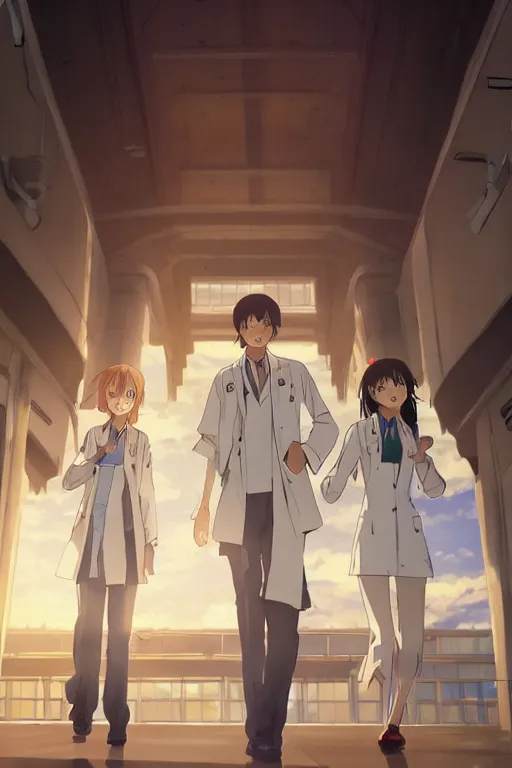 Prompt: a poster of three doctors wearing white coat, elegant, cheering up, sunrise lighting, hospital ward, slice of life anime, cinematic, realistic, anime scenery by makoto shinkai