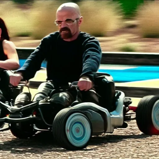 Prompt: a screencap of Walter White go-karting with Jessie Pinkman, Breaking Bad promo image