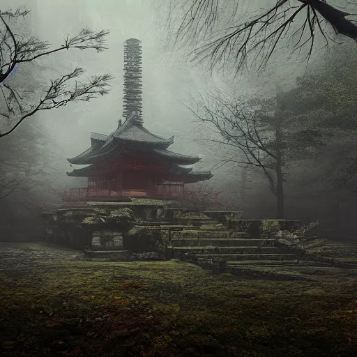 Image similar to Japanese abandoned temple in the woods, dark, moody, foggy, mysterious by Marc Simonetti