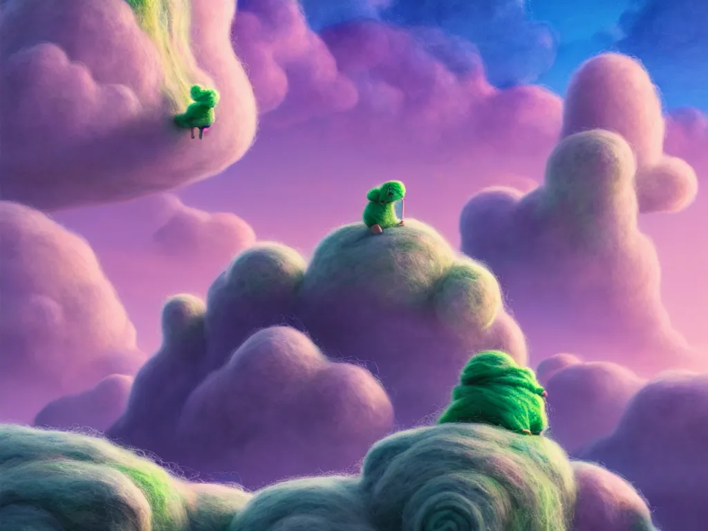 Image similar to A Mumintroll character in shape of wool felting amazing clouds, illustration by Beeple, book cover, colorful background with mountains and endless brutalism buildings, 8k resolution, ultra detailed, matte painting, tarot card style, character design, watercolor detailed art