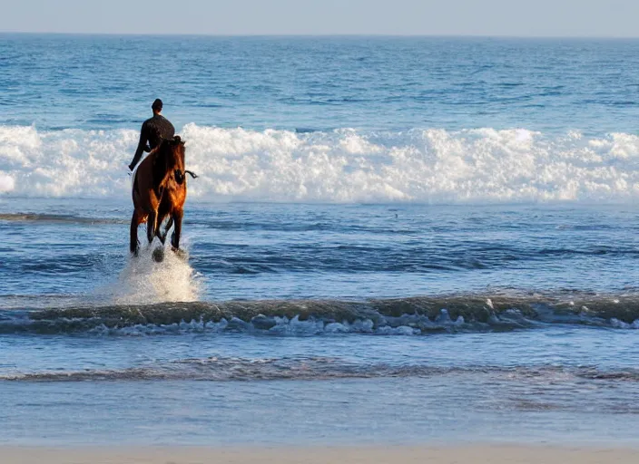 Image similar to a horse surfing at the beach before sunset in malibu, high quality photo