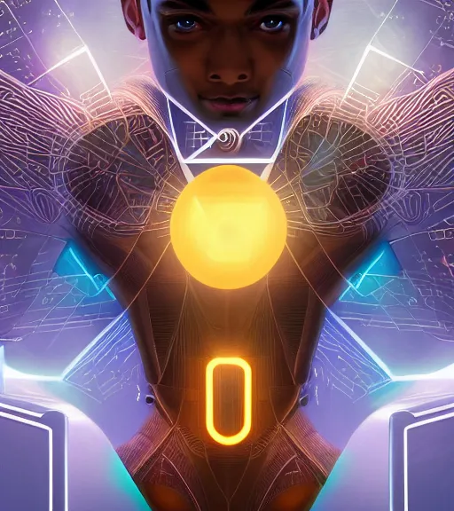 Image similar to symmetry!! egyptian god of technology, solid cube of light, hard edges, product render retro - futuristic poster scifi, lasers and neon circuits, beautiful brown skin god egyptian god, intricate, elegant, highly detailed, digital painting, artstation, concept art, smooth, sharp focus, illustration, dreamlike, art by artgerm