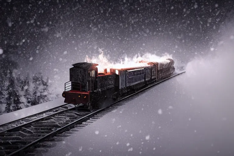 Image similar to an old locomotive rushing through snow storm in high speed, white steam on the side, dark smoke with fire! from the pipes, dynamic angled shot, speed lines, fire particles and snowflakes everywhere, 8 k, hyperrealistic, ultra sharp, octane render, unreal engine, artstation, very detailed, 1 6 k, eerie moon eclipse cinematic scenery