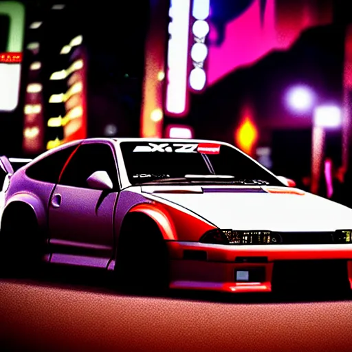 Image similar to a car 300ZX twin turbo drift at illegal car meet, Shibuya prefecture, city midnight mist lights, cinematic lighting, photorealistic, highly detailed wheels, high detail