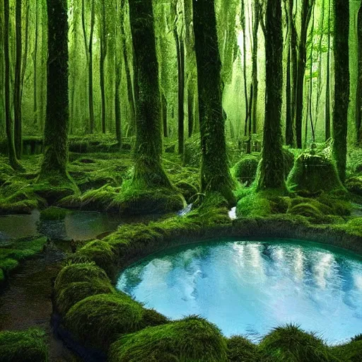 Image similar to round pools of water in a forest, as far as the eye can see, the wood between the worlds, narnia, lush green forest, moss and fern,