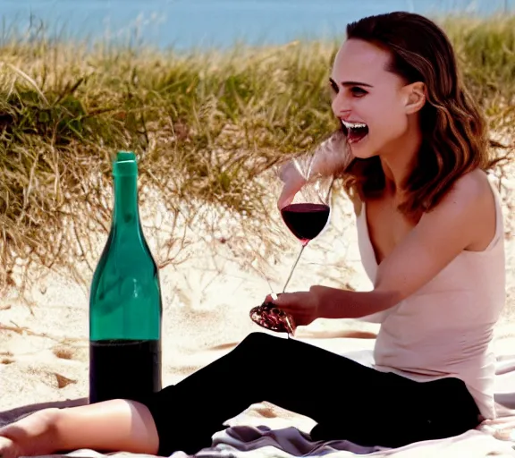 Image similar to color photo still of natalie portman drinking wine on the beach, sunny day, laughing, close up, detailed