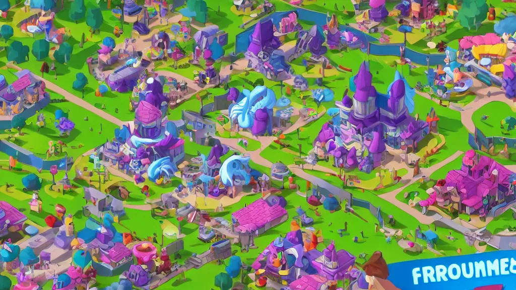 Prompt: Isometric view of bustling Manehattan, screenshot from Hasbro\'s newest mobile game based on My Little Pony: Friendship is Magic