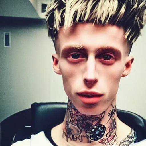 Image similar to “a realistic detailed photo of a guy who is an attractive humanoid who is half robot and half humanoid, who is a male android, rapper Machine Gun Kelly, shiny skin, posing like a statue, blank stare”