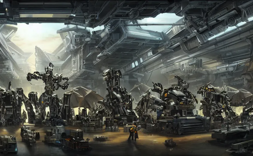 Image similar to epic scenic shot, highly detailed weapons laboratory, clean and organized, quantum technology, bright lights, warehouse with giant mecha dragon parts, with anthropomorphic furry researchers in military uniforms, carrying guns, tables, parts, gun scraps, windows, sci fi, Extremely detailed digital art, furry art, furaffinity, DeviantArt, HD artstation