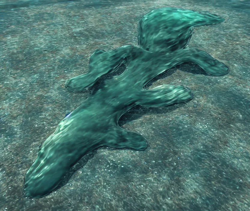 Image similar to a realistic photo of a semi - translucent water creature in action, water sea lake underwater, clear, global illumination, refraction, displacement map, bump map, normal map,