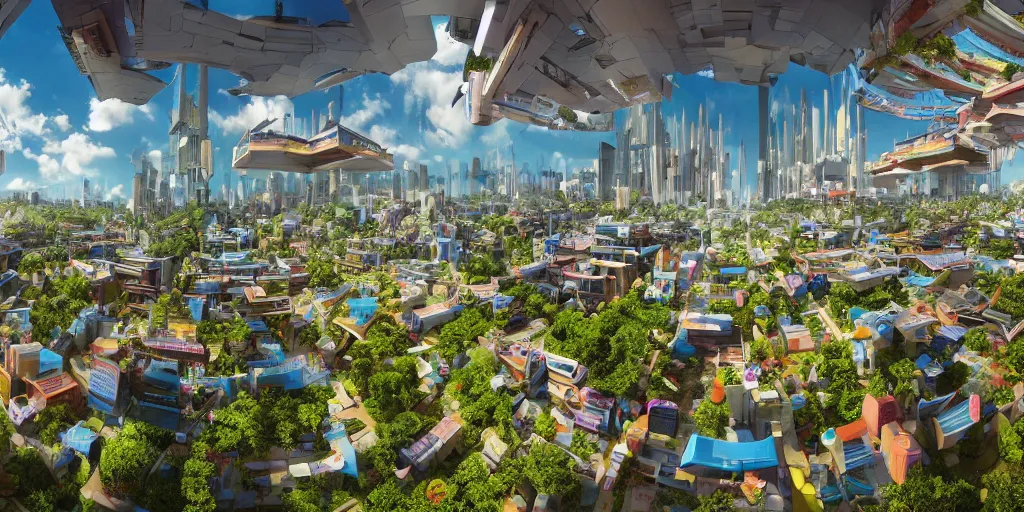 Image similar to Bustling photorealistic!!! utopian city reimagined by Max Hay, inverted fisheye lens!!!, eyelevel!!! view!!! photography, trending on artstation, 4k, 8k, lens distortion, chromatic aberration, soft focus blur, photorealistic imagery, photorealistic details, intricate, highly detailed, artstation 3d, artstation render, artstation 3d render, 3d art, unreal engine 3d, octane 3d, blender 3d, 3d landscape
