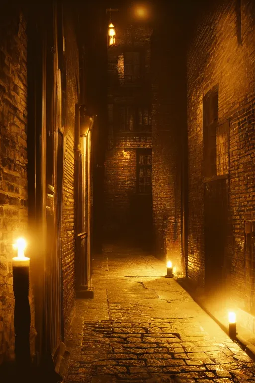 Image similar to old victorian london back alley lit by candles with dark shadows, unreal engine