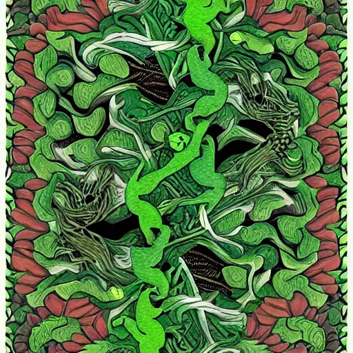 Image similar to green dragon surrounded by tessellation of rosebuds, by mc escher, fractal