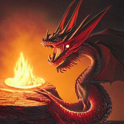 Image similar to bizmuth dragon glowing coals between bizmuth scales dragon profile eyes glowing on a plateau table rock book cover by artist michael whelan photorealistic