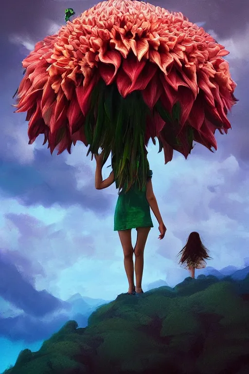 Image similar to perspective giant dahlia flower as head, girl standing on mountain, surreal photography, blue storm clouds, dramatic light, impressionist painting, digital painting, artstation, simon stalenhag