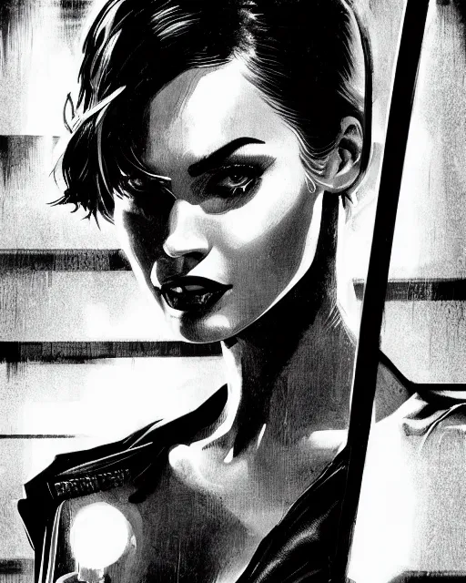 Prompt: film still from sin city, closeup portrait of megan fox private detective standing on a blade runner street corner, detailed illustration, digital art, trending on artstation, frank miller, martin ansin, comic book cover, film noir,