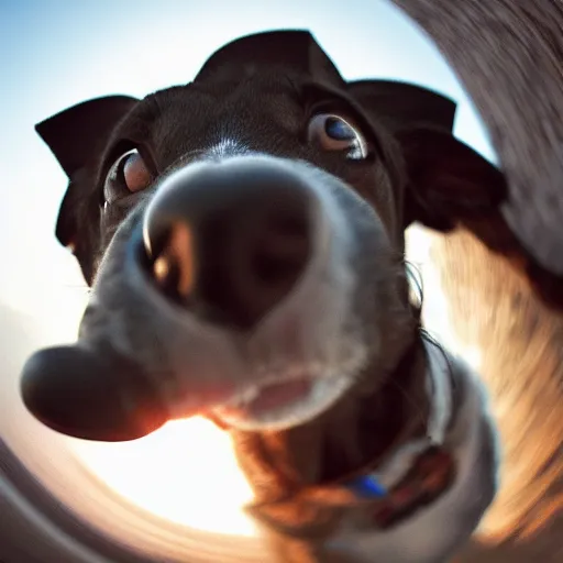 Image similar to Selfie of a dog, first-person view, fisheye lens!!!!!!, photorealistic imagery, trending on artstation, 4k, 8k