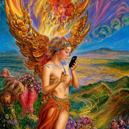 Prompt: a painting by josephine wall depicting aires as a goddess large ram horns, checking her cell phone, erupting volcano and sunrise in distance in background, flowers in foreground, acrylic on canvas, intricately detailed, highly detailed, high resolution, hd, 8 k, wallpaper, trending on artstation, zodiac, fantasy
