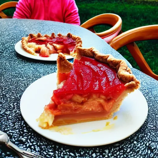 Prompt: eating a satanic rhubarb pie with the locals