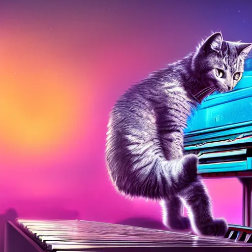 Prompt: an fluffy cat playing an piano, synthwave, digital art, oil painting, 3 d