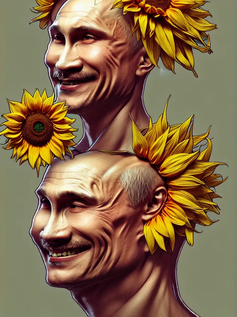 Image similar to digital art, centered full body of Putin smiling king, Sunflower crown, ,intricate, veins, by James Jean and by artgerm , by ross tran ultradetailed, charachter design, concept art, trending on artstation,