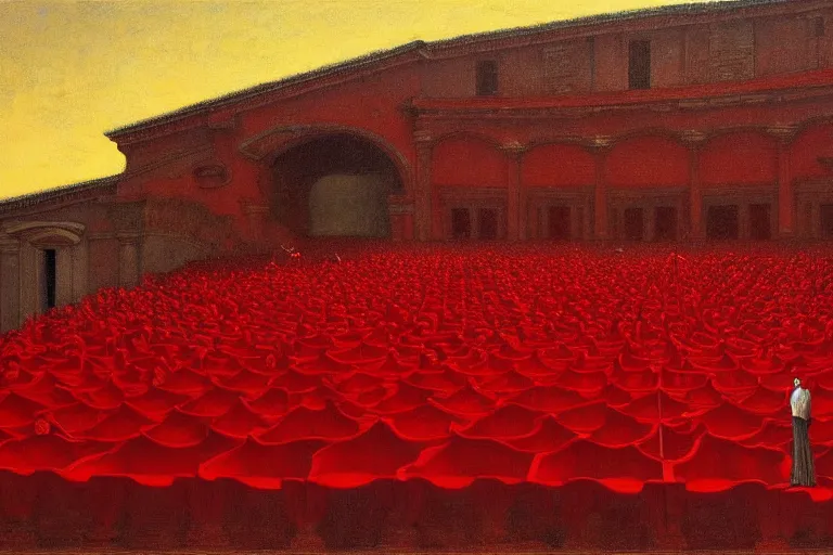 Image similar to only with red, a red great emperor, taormina amphitheatre, crowd with big smile, in the style of beksinski, parts by edward hopper, parts by rodcenko, parts by yue minjun, intricate and epic composition, red by caravaggio, insanely quality, highly detailed, masterpiece, red light, artstation, 4 k