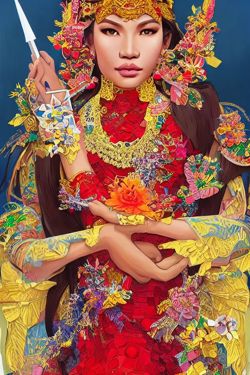 Image similar to hand holding a lego, portrait of a beautiful indonesian supermodels wearing traditional costume, highly detailed, digital painting, artstation, concept art, sharp focus, illustration, art by kittichai rueangchaichan and james gurney and alphonse mucha