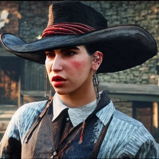 Prompt: Dua Lipa as a mafia mob in Red Dead Redemption 2 videogame, rockstar games, gameplay, 4k