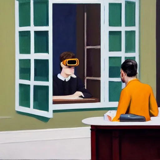 Prompt: A fine art painting of a man wearing Vr goggles and a puffa jacket, he creating the metaverse at a desk through a window on a British street. In the style of Edward Hopper and Wes Anderson