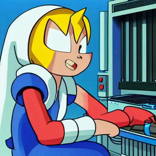 Prompt: roll ( from mega man ) is repairing computers in dr. light's laboratory.