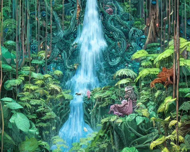 Prompt: a painting of a jungle waterfall in a forest, a photorealistic painting by james jean, behance contest winner, fantasy art, made of vines, concept art, 2 d game art by victo ngai, geof darrow, peter mohrbacher, johfra bosschart, miho hirano