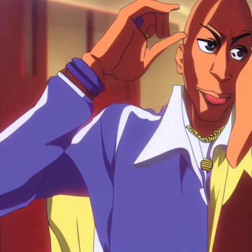 Image similar to Tupac Shakur, screenshot from a 2012s anime