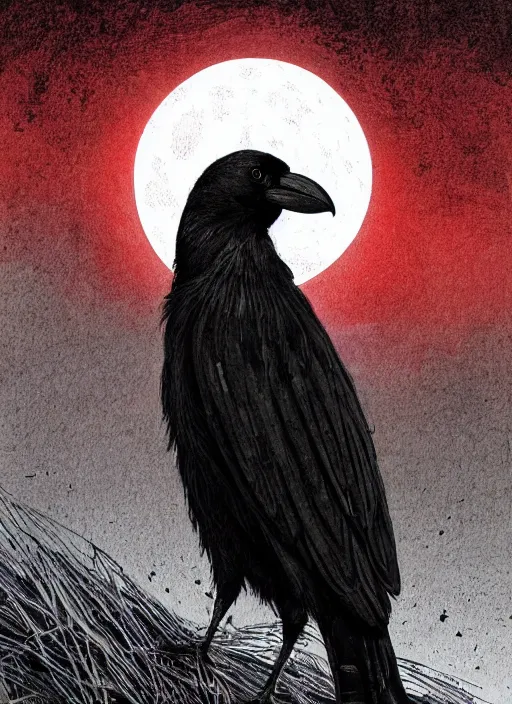 Image similar to portrait, A crow in front of the full big moon, book cover, red white and black colors, establishing shot, extremly high detail, foto realistic, cinematic lighting, pen and ink, intricate line drawings, by Yoshitaka Amano, Ruan Jia, Kentaro Miura, Artgerm, post processed, concept art, artstation, matte painting, style by eddie mendoza, raphael lacoste, alex ross