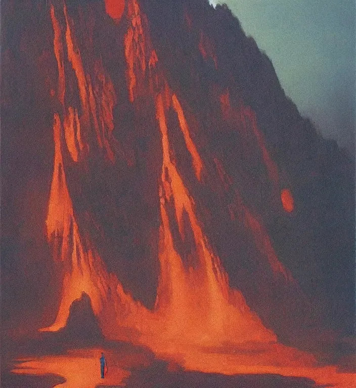 Image similar to active volcano in magnificent shopping mall, oil painting by edward hopper, zdislav beksinski, wayne barlowe