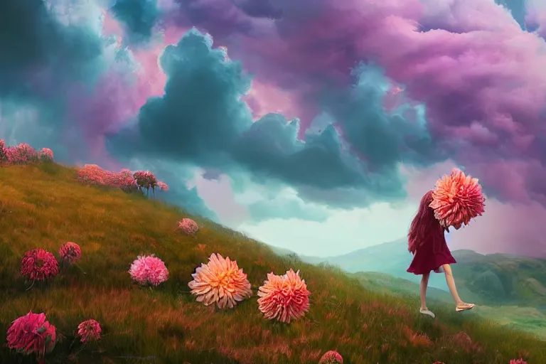 Image similar to giant dahlia flower crown under head, girl walking on mountain, surreal photography, pink storm clouds, dramatic light, impressionist painting, digital painting, artstation, simon stalenhag