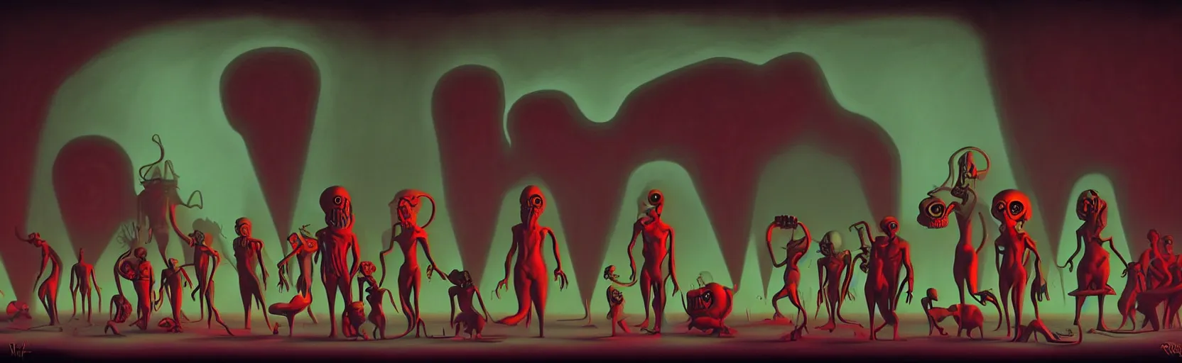 Image similar to uncanny repressed mutants from the depths of a vast wasteland in the collective unconscious, dramatic lighting, surreal dark 1 9 3 0 s fleischer cartoon characters, surreal painting by ronny khalil