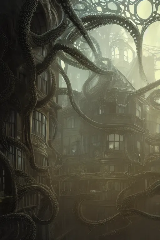 Prompt: A towering organic Victorian House made of eyeballs and tentacles, Lovecraftian, 4k, masterpiece, cinematic, glowing, by Greg Rutkowski, Trending on Artstation, Behance. Polished, Volumetric Lighting