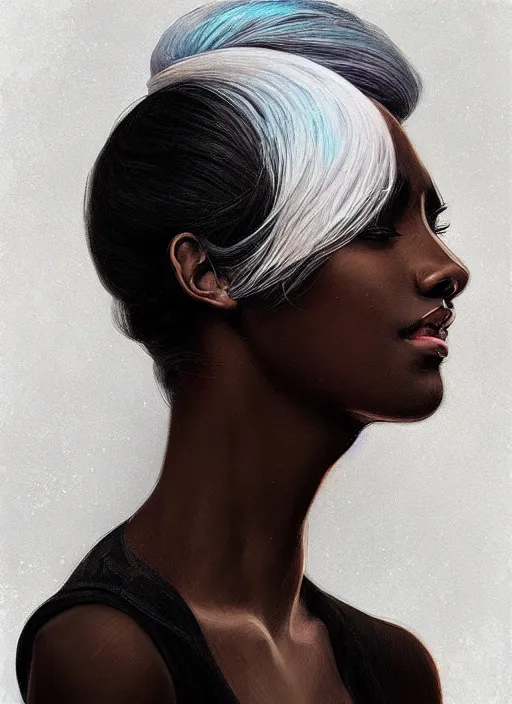 Image similar to handsome young black women with shoulder length white hair, half body shot, path traced, highly detailed, high quality, digital painting, alena aenami, lilia alvarado, shinji aramaki, karol bak, alphonse mucha, tom bagshaw