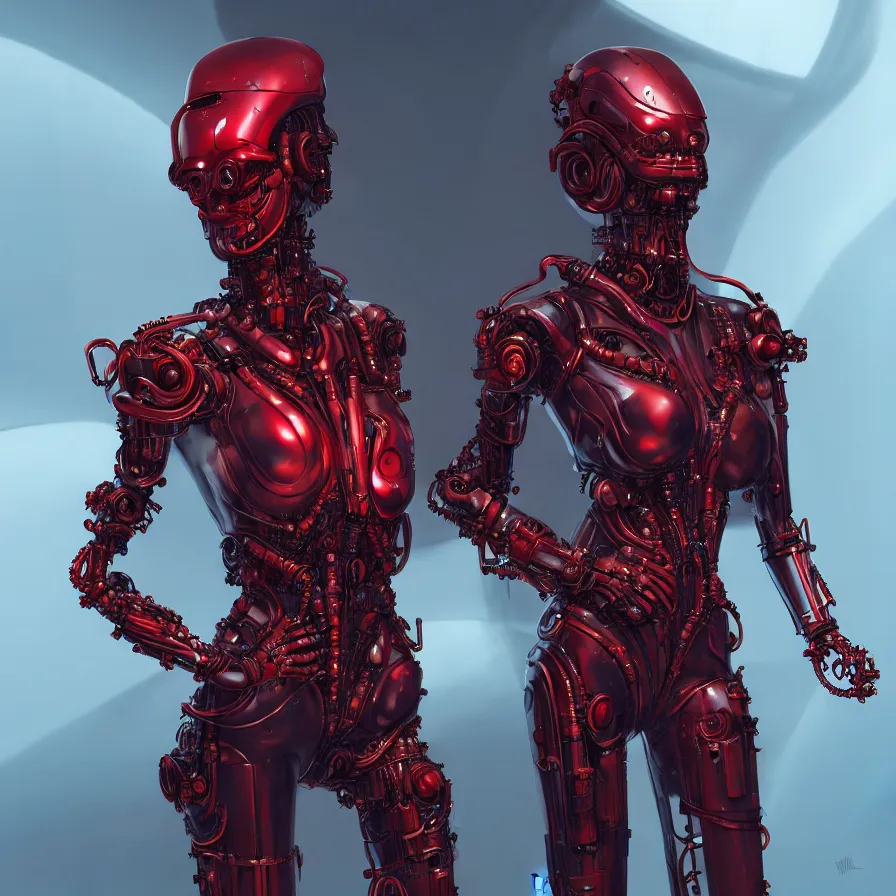 Image similar to portrait, super hero pose, red biomechanical dress, inflateble shapes, wearing epic bionic cyborg implants, masterpiece, intricate, biopunk futuristic wardrobe, highly detailed, art by akira, mike mignola, artstation, concept art, background galaxy, cyberpunk, octane render