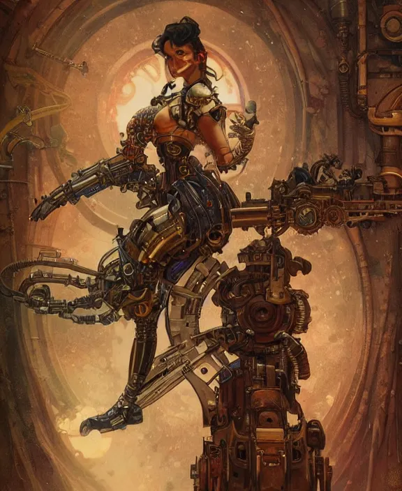 Image similar to a steampunk dieselpunk terminator, fantasy, intricate, elegant, highly detailed, colorful, vivid color, digital painting, artstation, concept art, art by artgerm and greg rutkowski and alphonse mucha and ruan jia