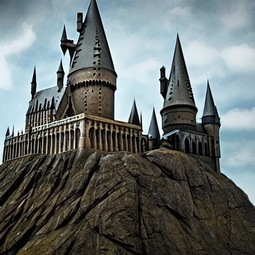 Image similar to Hogwarts castle destroyed, broken windows, broken rampart, wizards mourning