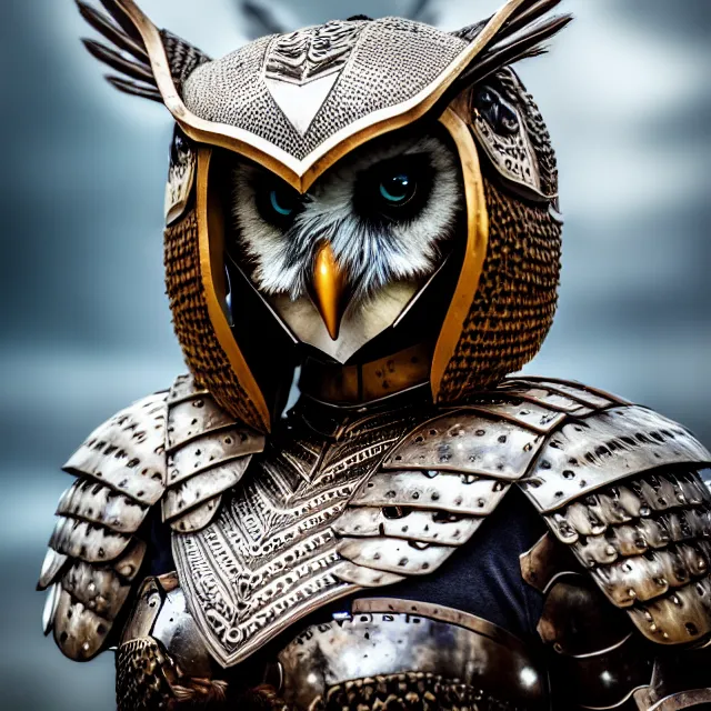 Image similar to full body photo of a beautiful cute strong warrior queen wearing owl armour and helmet, highly detailed, 8 k, hdr, smooth, sharp focus, high resolution, award - winning photo