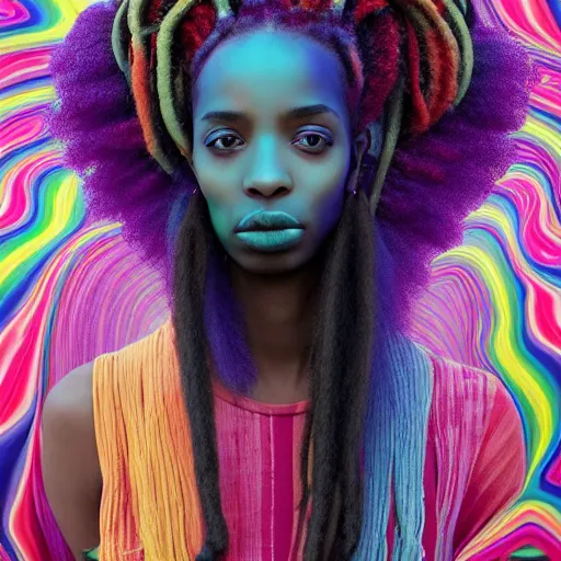 Image similar to a wide angle shot of a black girl with colorful dreadlocks in a field of candy, by Adi granov and afarin sajedi and amanda sage and evgeni gordiets and Agostino Arrivabene and adonna khare in a psychedelic portrait style, ultrarealistic matte painting, volumetric lighting, fractal, extremely symmetrical, highly detailed face, orisha, 8k, hd